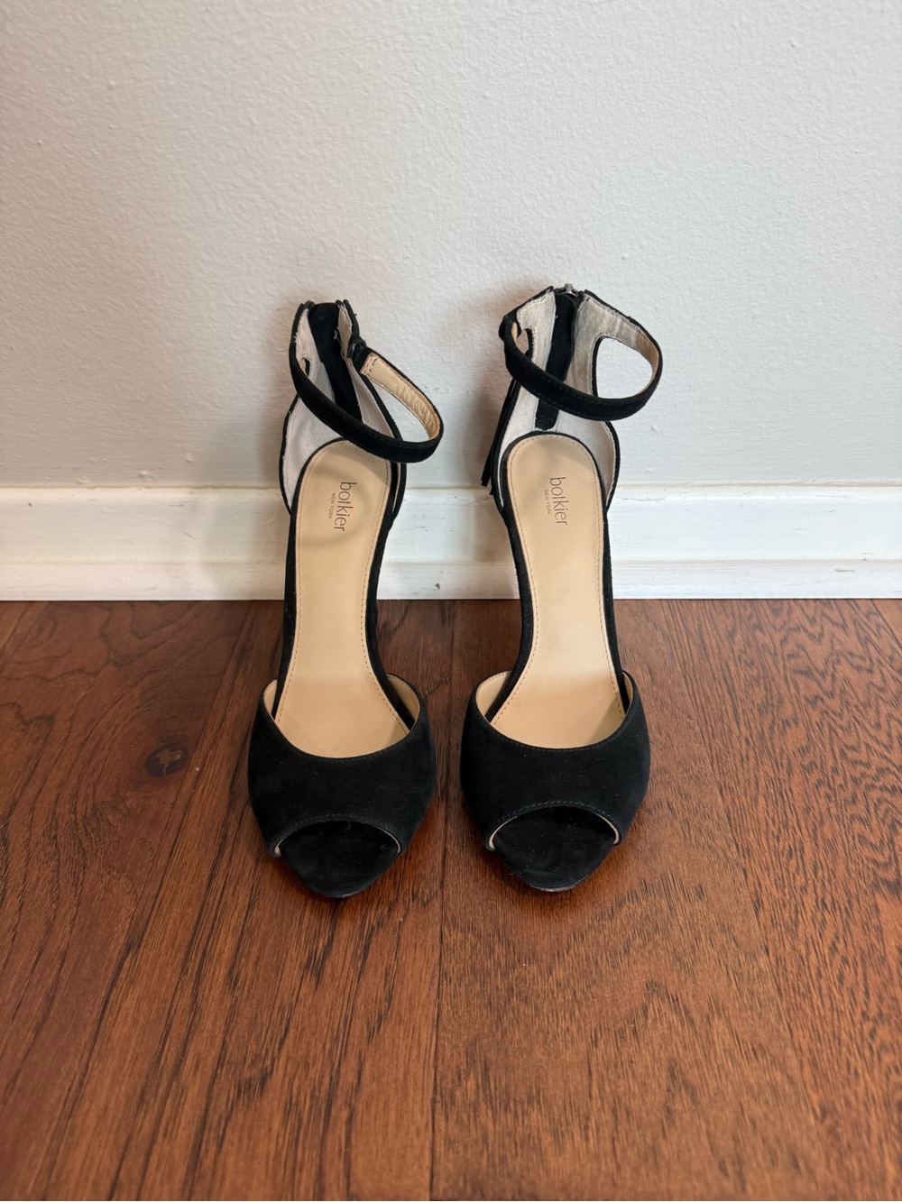 Botkier Black Suede Peep-Toe Ankle-Strap Heels with tassel zip -7.5 women’s